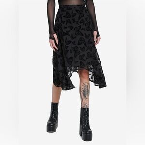 Cosmic Aura Black Butterfly Chiffon Hanky Hem Midi Skirt Romantic Gothic Vampy